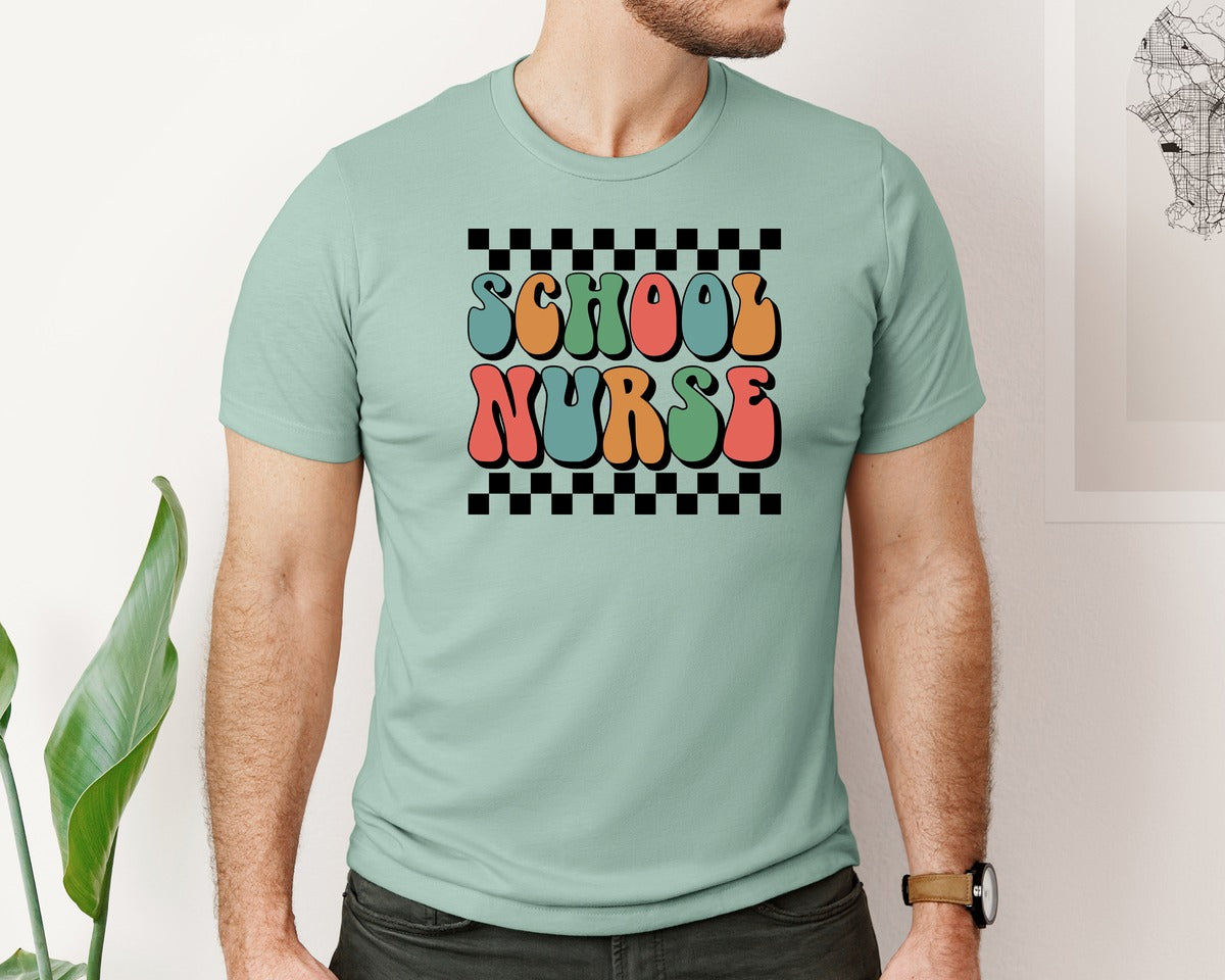 brand:Bella Canvas|color:Dusty Blue|School Nurse Retro Shirt Graphic T-Shirt