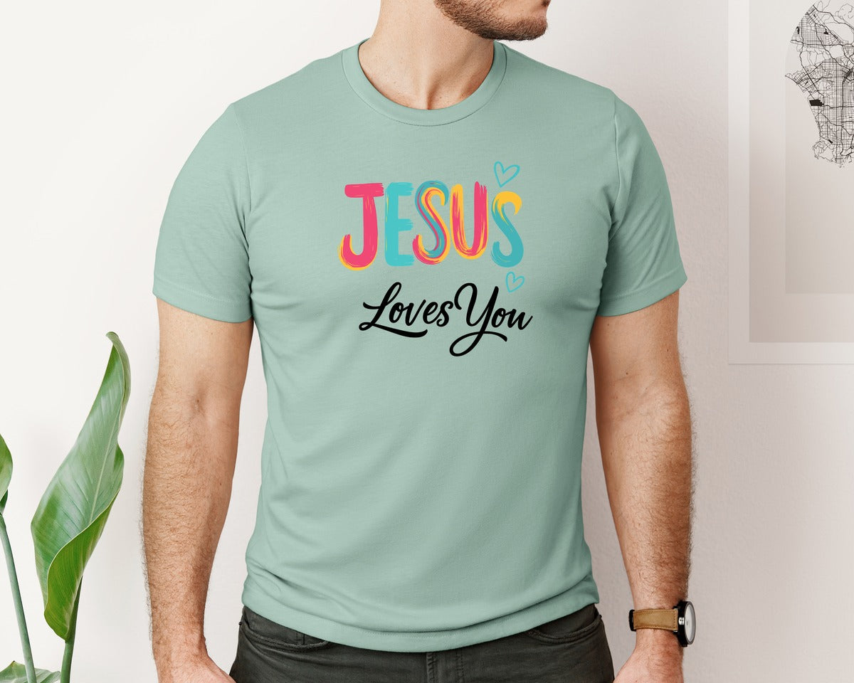 brand:Bella Canvas|color:Dusty Blue|Colorful Jesus Loves You Design Graphic T-Shirt