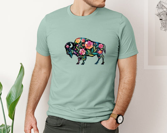 Floral Buffalo Bison Flowers Graphic T-Shirt