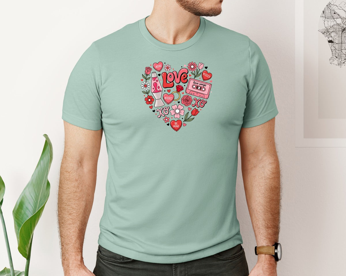 brand:Bella Canvas|color:Dusty Blue|Valentine Heart Doodle Graphic T-Shirt