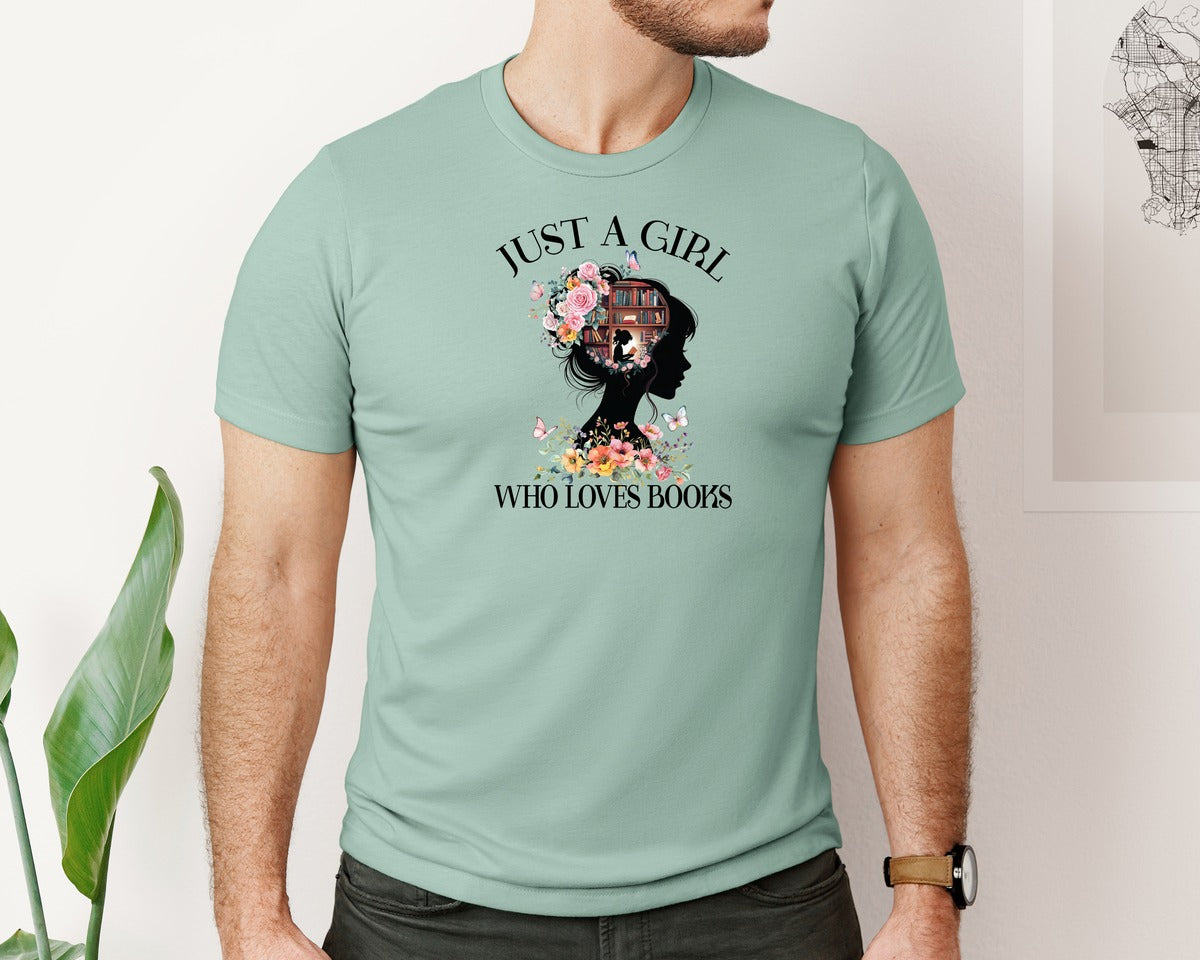 brand:Bella Canvas|color:Dusty Blue|Just A Girl Who Loves Book 2 Graphic T-Shirt
