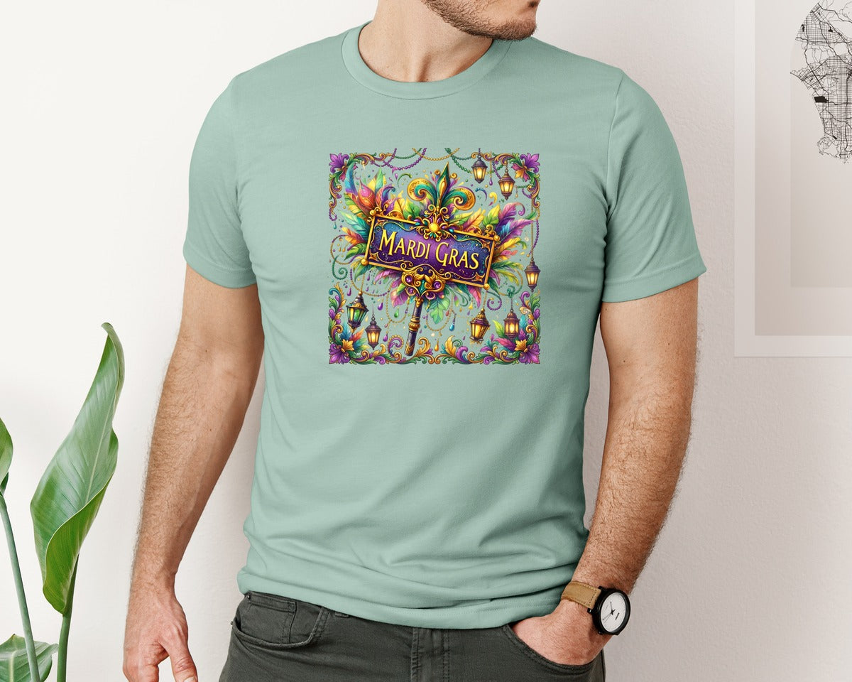 brand:Bella Canvas|color:Dusty Blue|Mardi Gras Ornate Frame Graphic T-Shirt