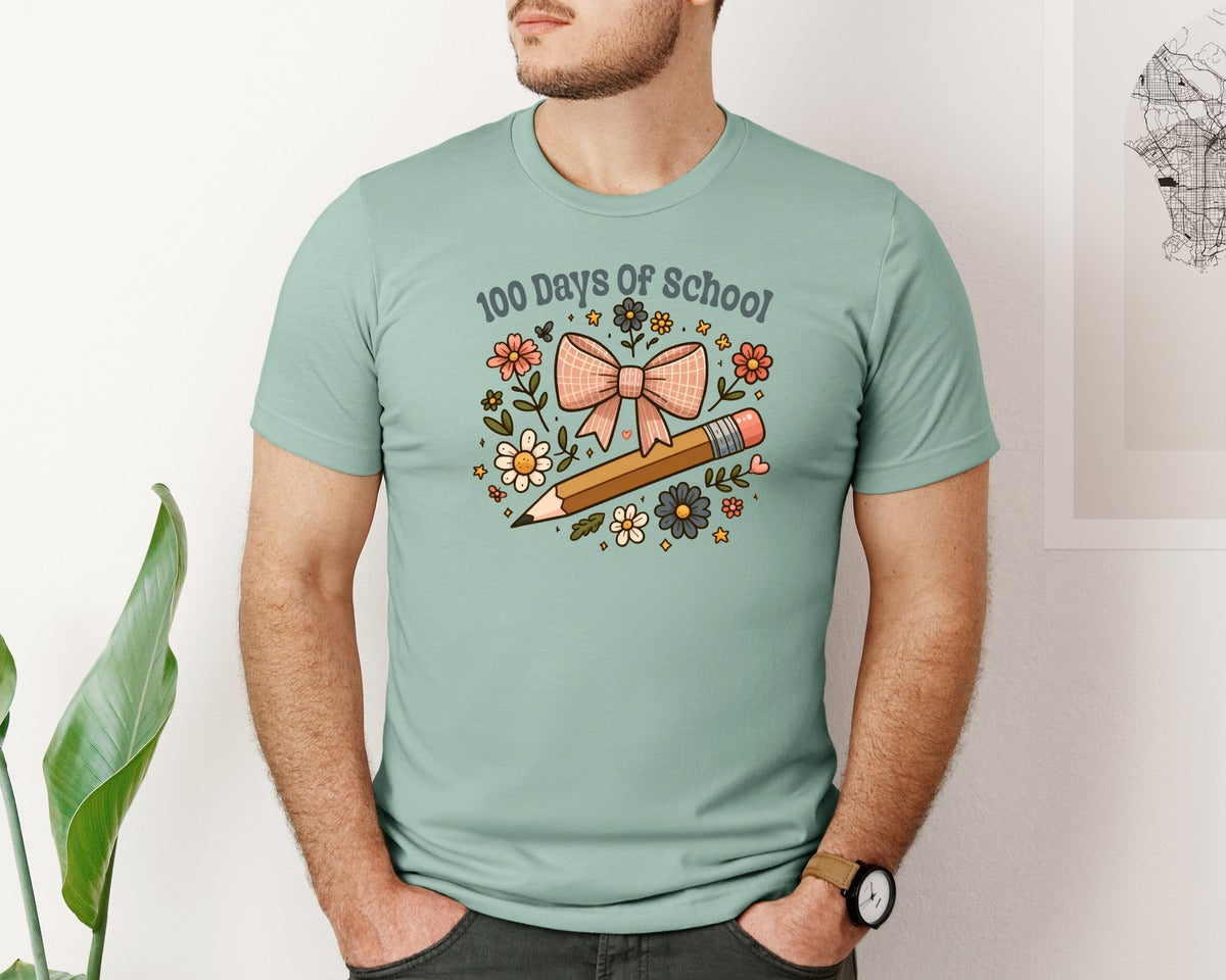 brand:Bella Canvas|color:Dusty Blue|Boho 100 Days Of School Coquette Bow Graphic T-Shirt