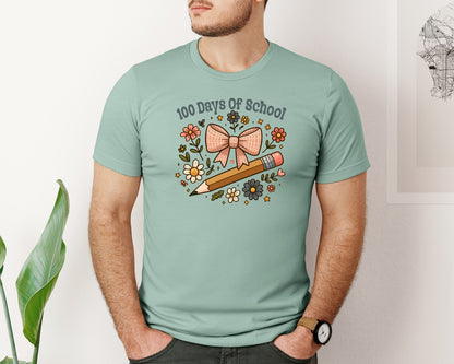 brand:Bella Canvas|color:Dusty Blue|Boho 100 Days Of School Coquette Bow Graphic T-Shirt