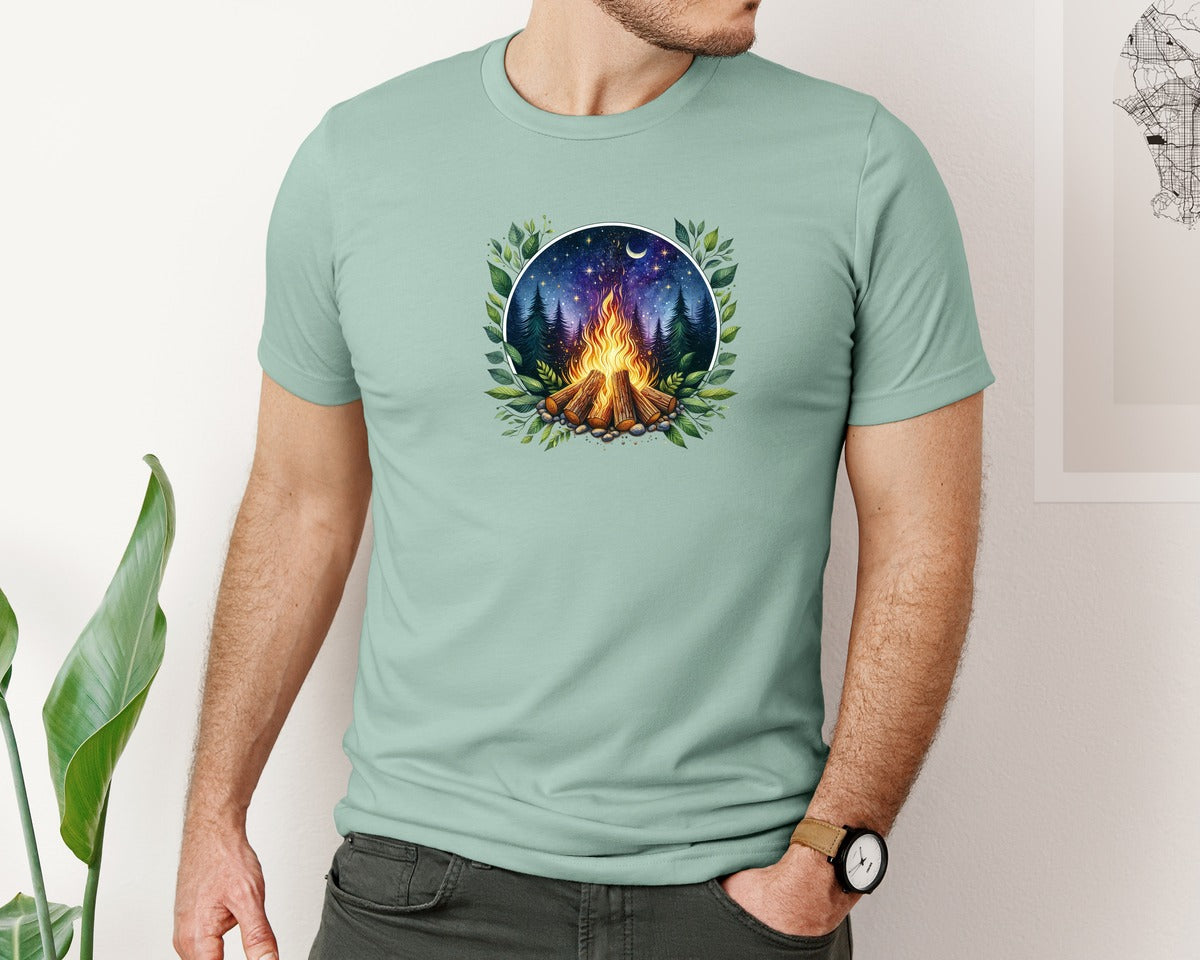 brand:Bella Canvas|color:Dusty Blue|Moon Phase Green Forest Campfire Graphic T-Shirt