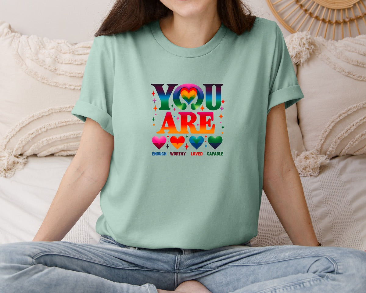 brand:Bella Canvas|color:Dusty Blue|You Are Enough Retro Shirt Design Graphic T-Shirt