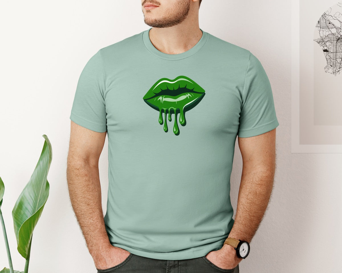 brand:Bella Canvas|color:Dusty Blue|Green Dripping Lips St Patricks Graphic T-Shirt