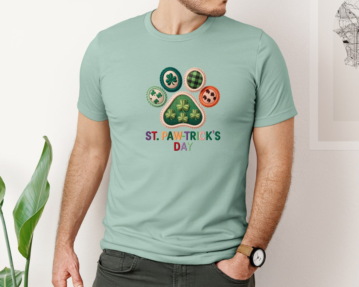 brand:Bella Canvas|color:Dusty Blue|Faux Yarn St Patricks Day Dog Graphic T-Shirt
