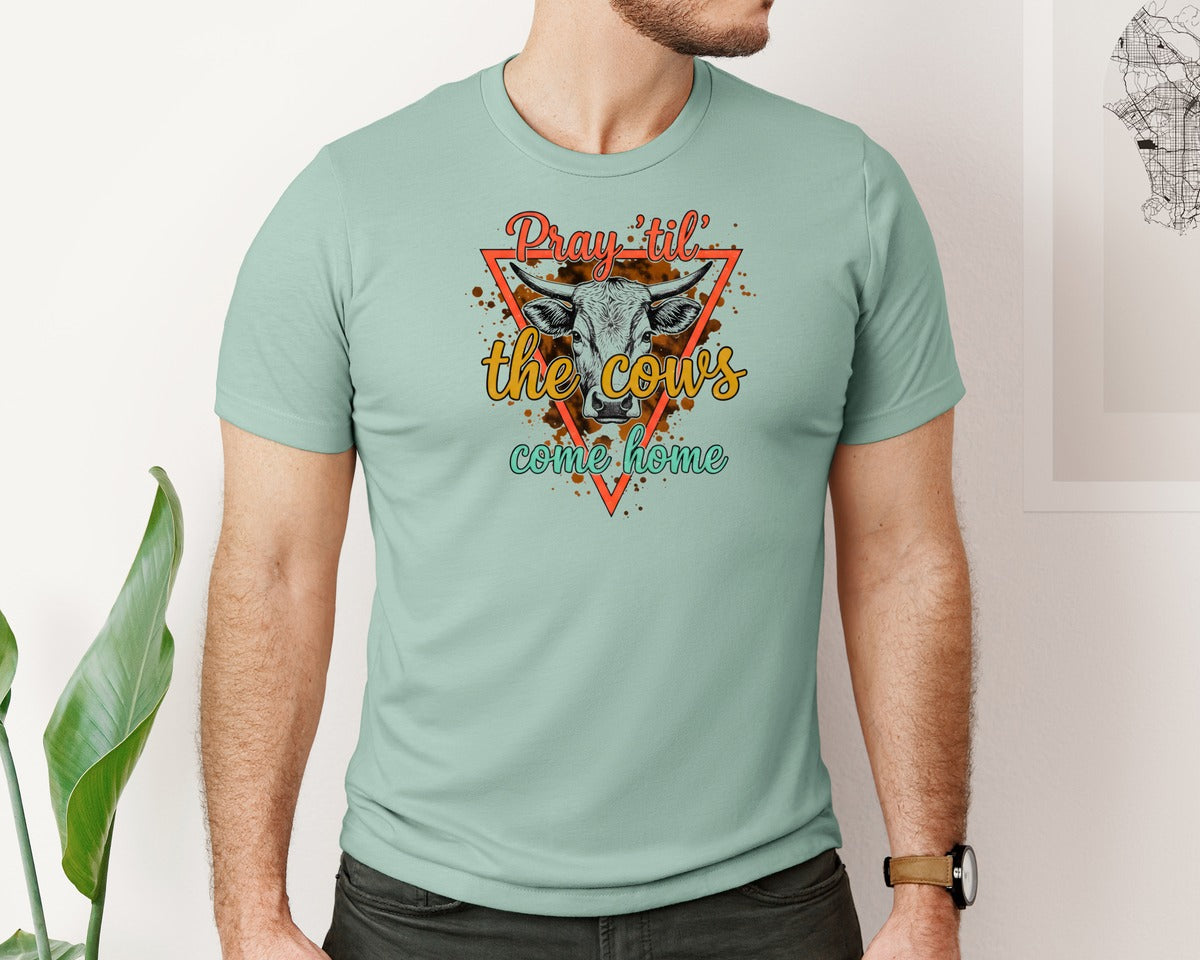 brand:Bella Canvas|color:Dusty Blue|Pray Til The Cows Come Home Cow Graphic T-Shirt