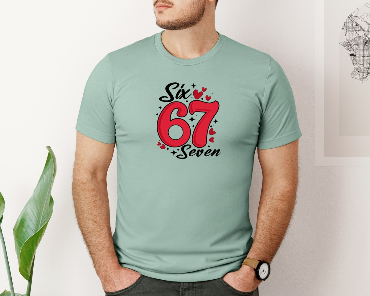 brand:Bella Canvas|color:Dusty Blue|Viral Funny Six Seven Heart Valentine Graphic T-Shirt