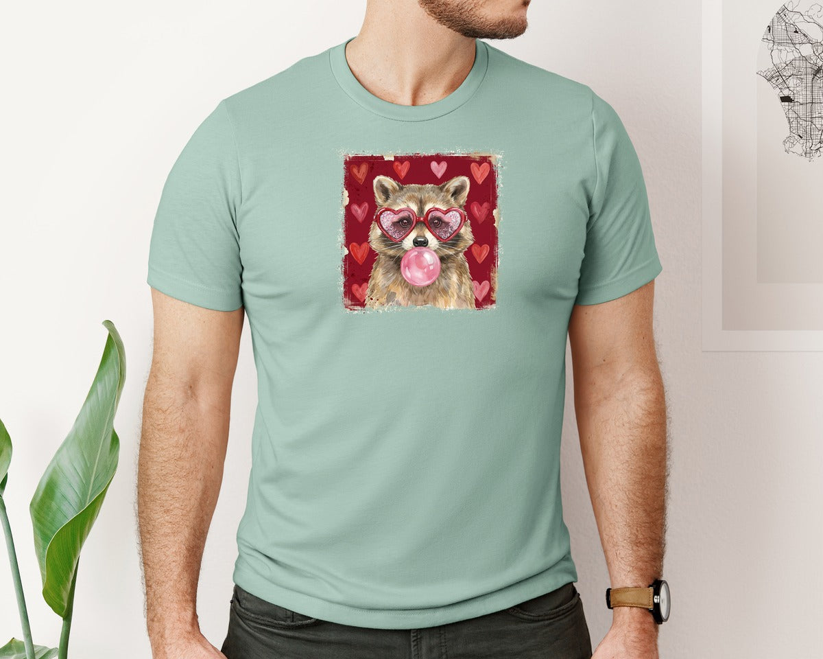 brand:Bella Canvas|color:Dusty Blue|Cute Raccoon Bubblegum Valentine Graphic T-Shirt