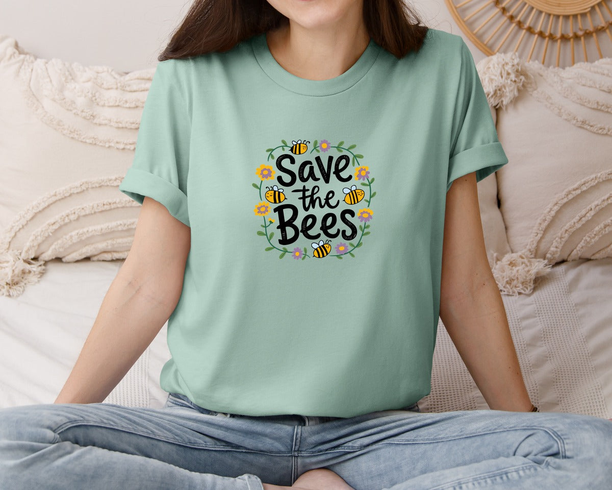 brand:Bella Canvas|color:Dusty Blue|Save The Bees Cute Yellow Bee Graphic T-Shirt