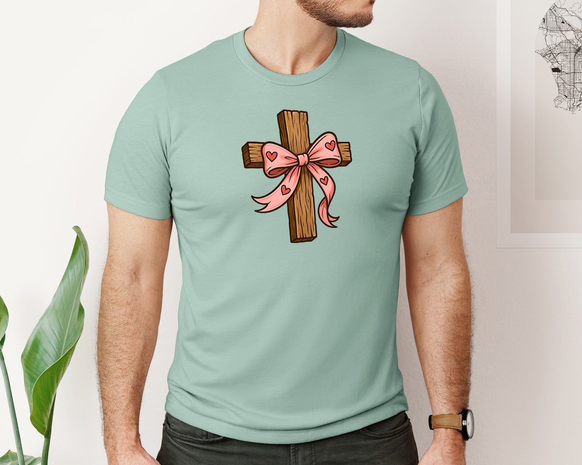 brand:Bella Canvas|color:Dusty Blue|Coquette Valentine Jesus Valentine Bow 3 Graphic T-Shirt