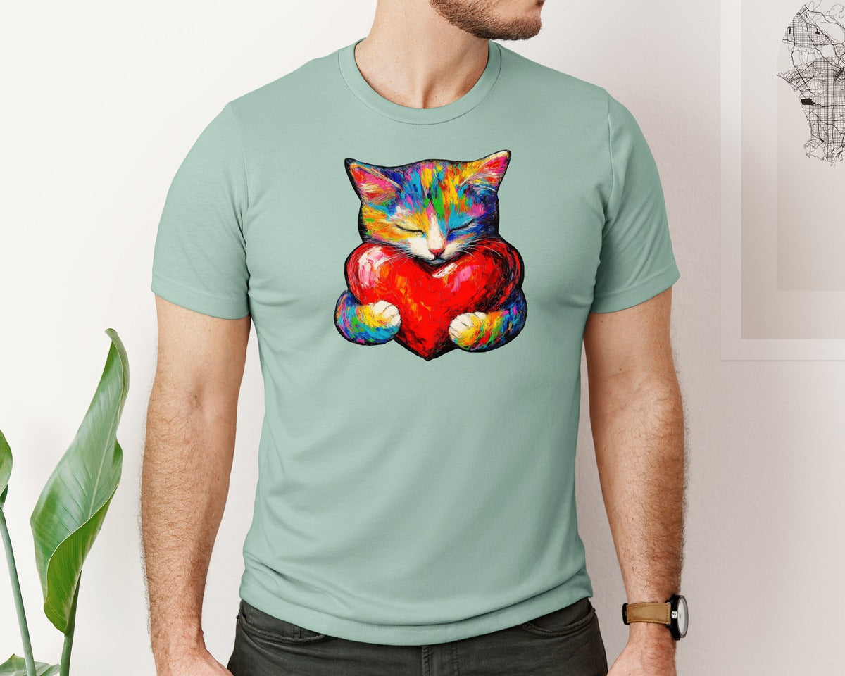 brand:Bella Canvas|color:Dusty Blue|Heart Kitty Love Cat Cute Cat Graphic T-Shirt