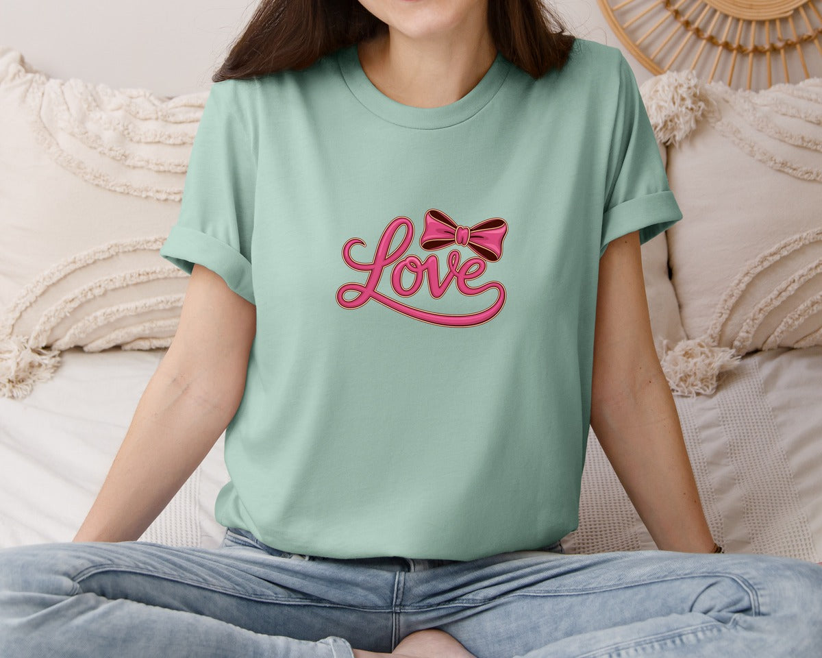 brand:Bella Canvas|color:Dusty Blue|Love Valentine Faux Yarn Coquette Graphic T-Shirt