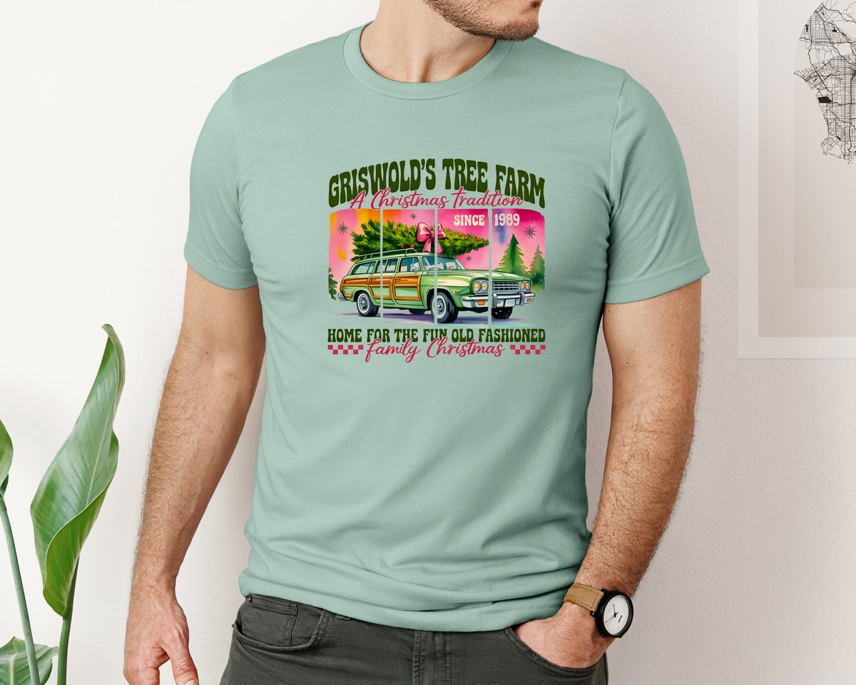 brand:Bella Canvas|color:Dusty Blue|Griswolds Tree Farm Christmas Tree Graphic T-Shirt