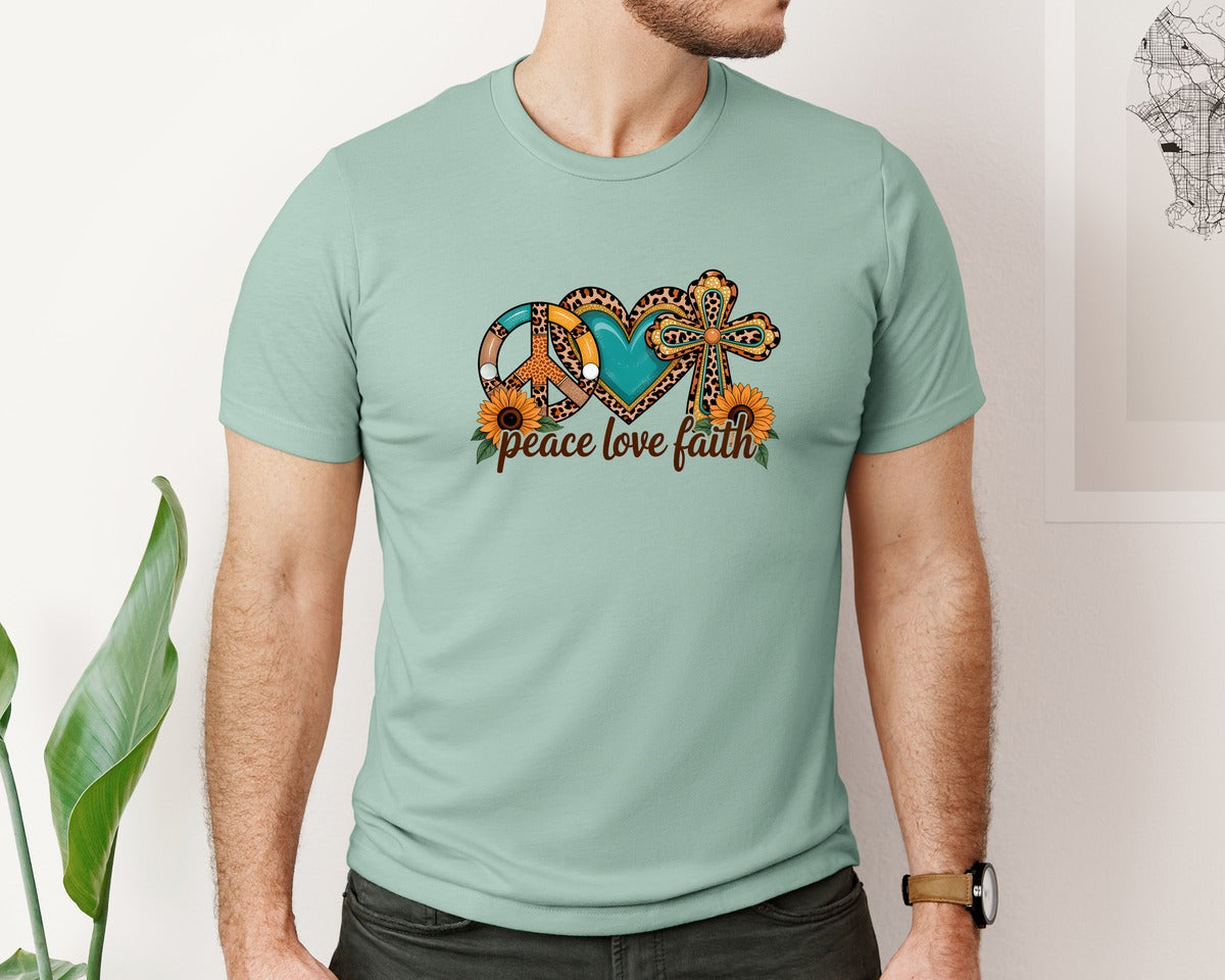 brand:Bella Canvas|color:Dusty Blue|Peace Love Faith Jesus Graphic T-Shirt