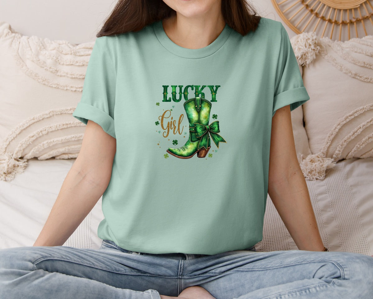 brand:Bella Canvas|color:Dusty Blue|Lucky Girl St Patricks Day Cowboy Boots 2 Graphic T-Shirt