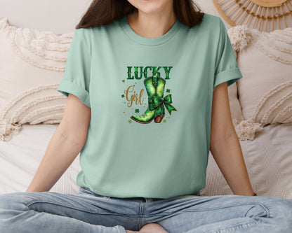 brand:Bella Canvas|color:Dusty Blue|Lucky Girl St Patricks Day Cowboy Boots 2 Graphic T-Shirt