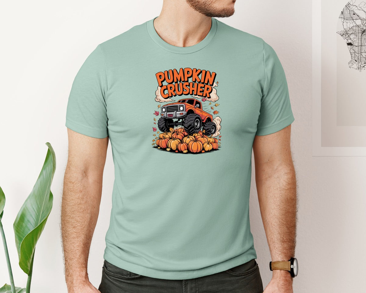 brand:Bella Canvas|color:Dusty Blue|Pumpkin Crusher Monster Truck Fall Shirt Graphic T-Shirt