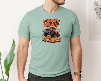 brand:Bella Canvas|color:Dusty Blue|Pumpkin Crusher Monster Truck Fall Shirt Graphic T-Shirt