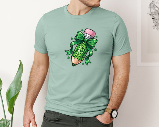 St Patricks Day Glitter Pencil Bow Graphic T-Shirt