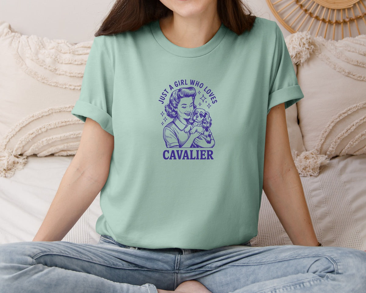 brand:Bella Canvas|color:Dusty Blue|Just A Girl Who Loves Cavalier King Dog Graphic T-Shirt