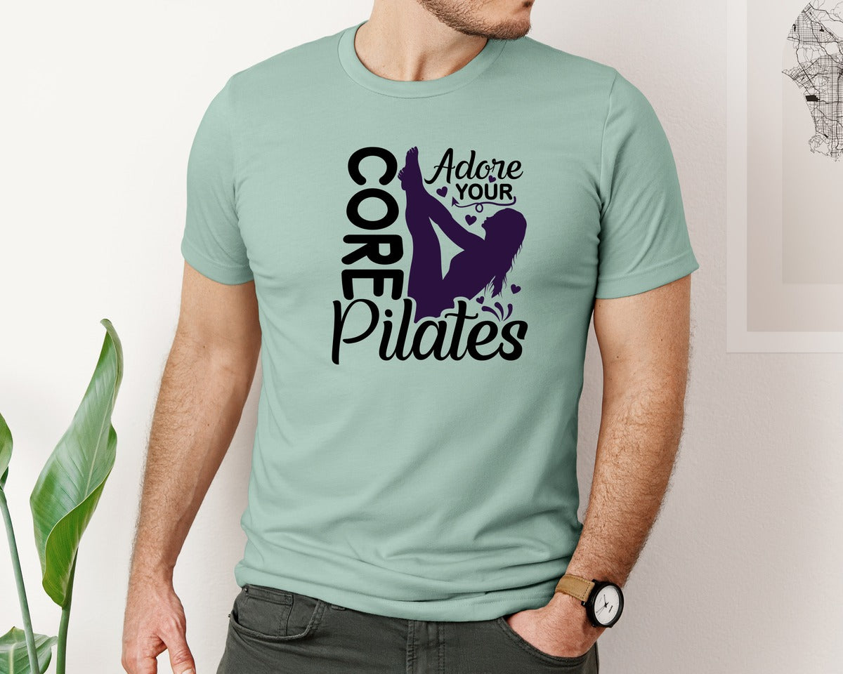 brand:Bella Canvas|color:Dusty Blue|Adore Your Core Pilates Workout Graphic T-Shirt
