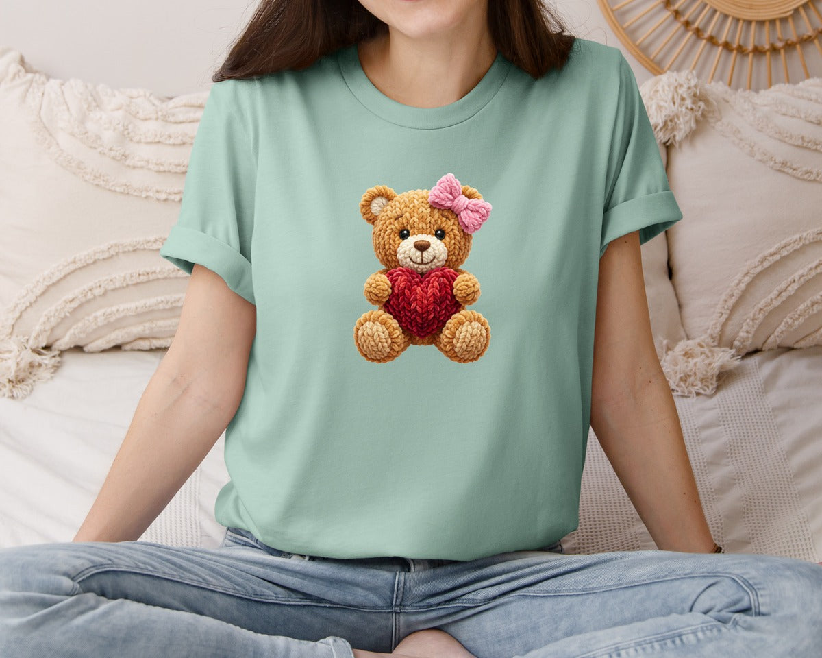 brand:Bella Canvas|color:Dusty Blue|Valentine Faux Yarn Teddy Bear Graphic T-Shirt