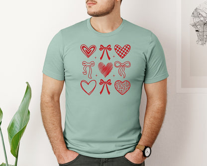 brand:Bella Canvas|color:Dusty Blue|Valentine Heart Bow Graphic T-Shirt