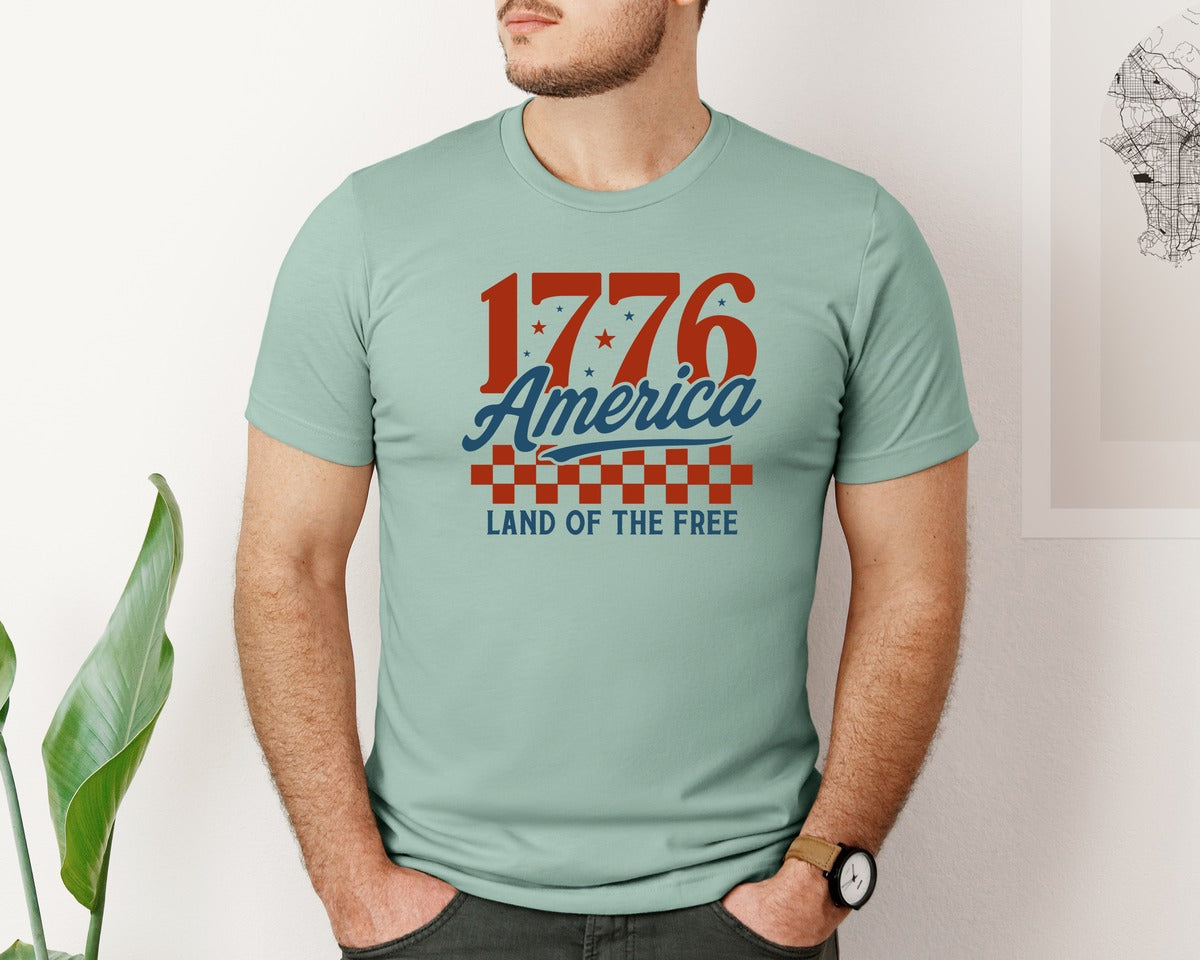 brand:Bella Canvas|color:Dusty Blue|4Th Of July 1776 America Land Graphic T-Shirt