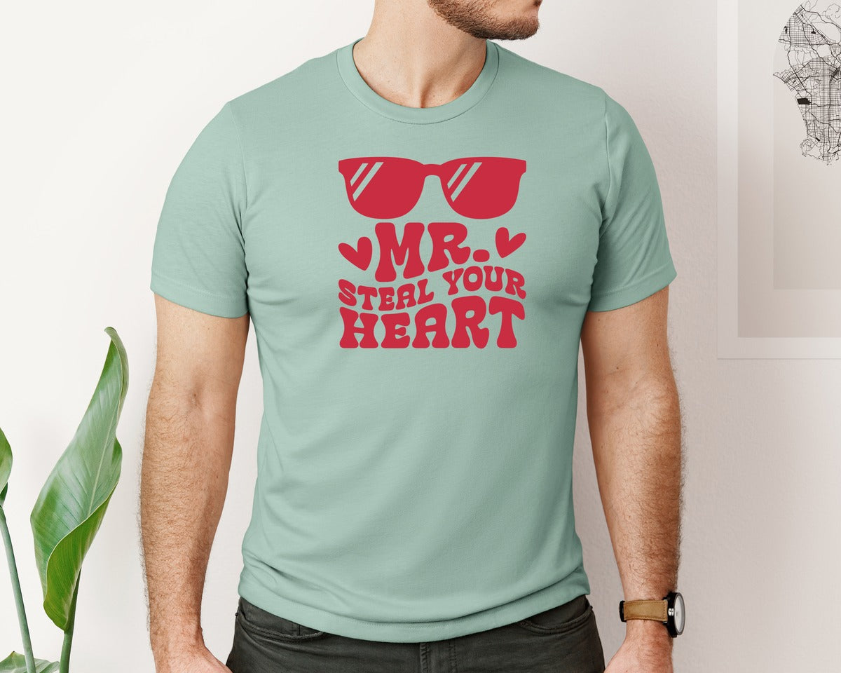 brand:Bella Canvas|color:Dusty Blue|Mr Steal Your Heart Boy Valentine 4 Graphic T-Shirt