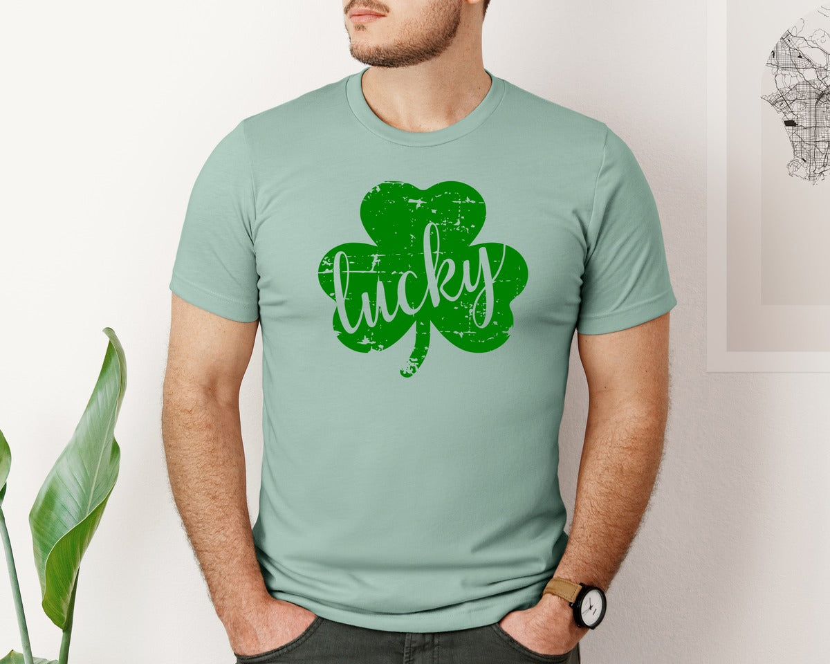 brand:Bella Canvas|color:Dusty Blue|Lucky Shamrock Distressed St Patrick Day Graphic T-Shirt