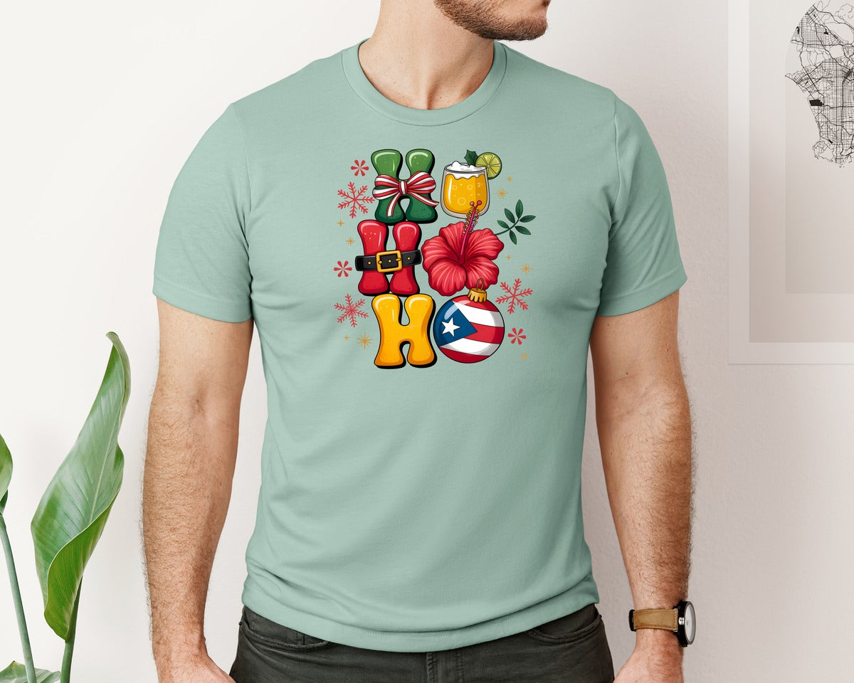 brand:Bella Canvas|color:Dusty Blue|Boricua Christmas Puerto Rico Graphic T-Shirt