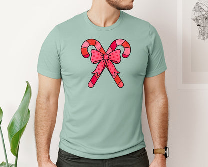brand:Bella Canvas|color:Dusty Blue|Colorful Coquette Candy Cane Bright Graphic T-Shirt