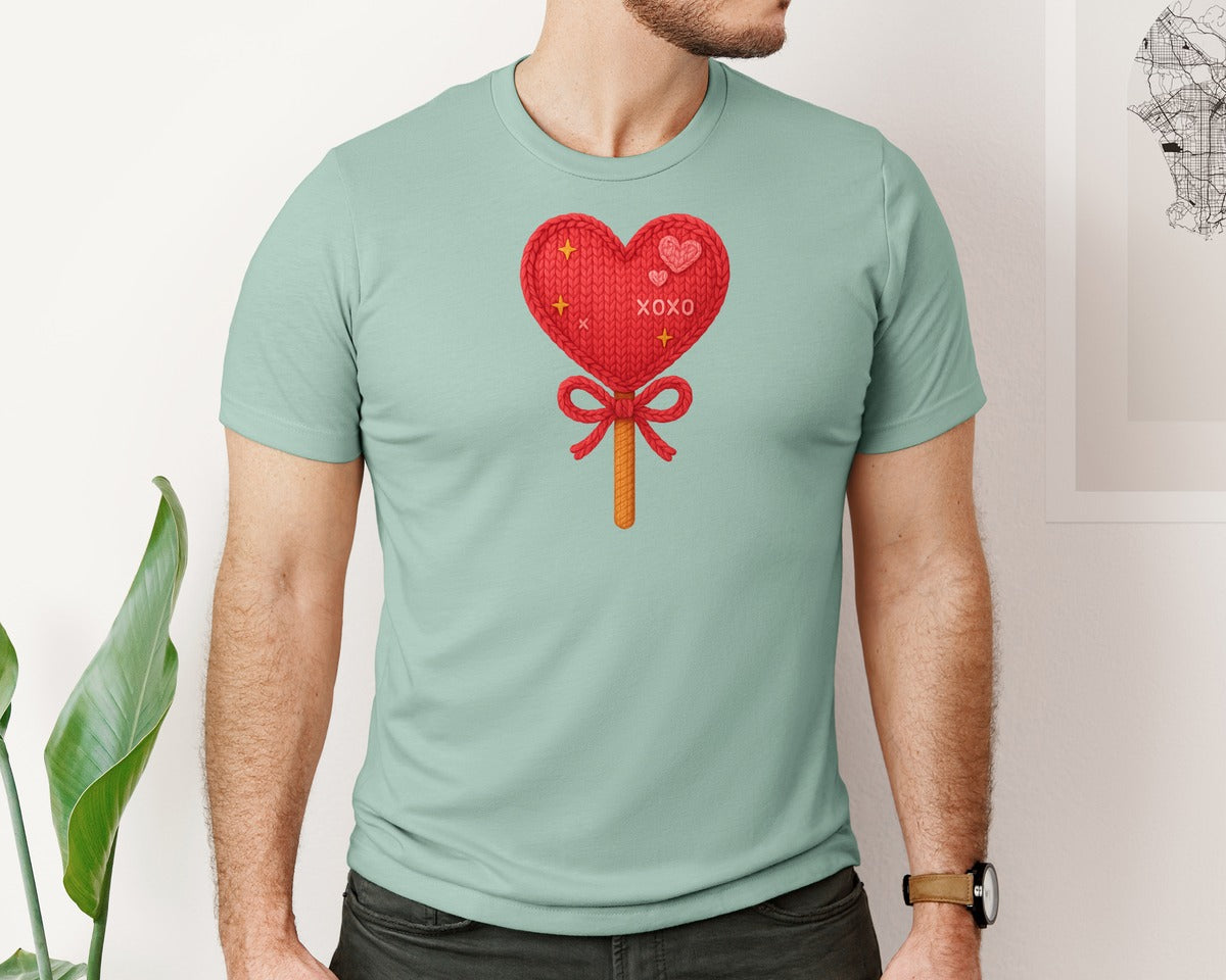 brand:Bella Canvas|color:Dusty Blue|Faux Crochet Heart Lollipop Xoxo Graphic T-Shirt