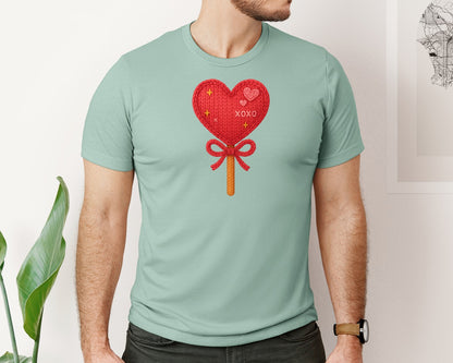 brand:Bella Canvas|color:Dusty Blue|Faux Crochet Heart Lollipop Xoxo Graphic T-Shirt