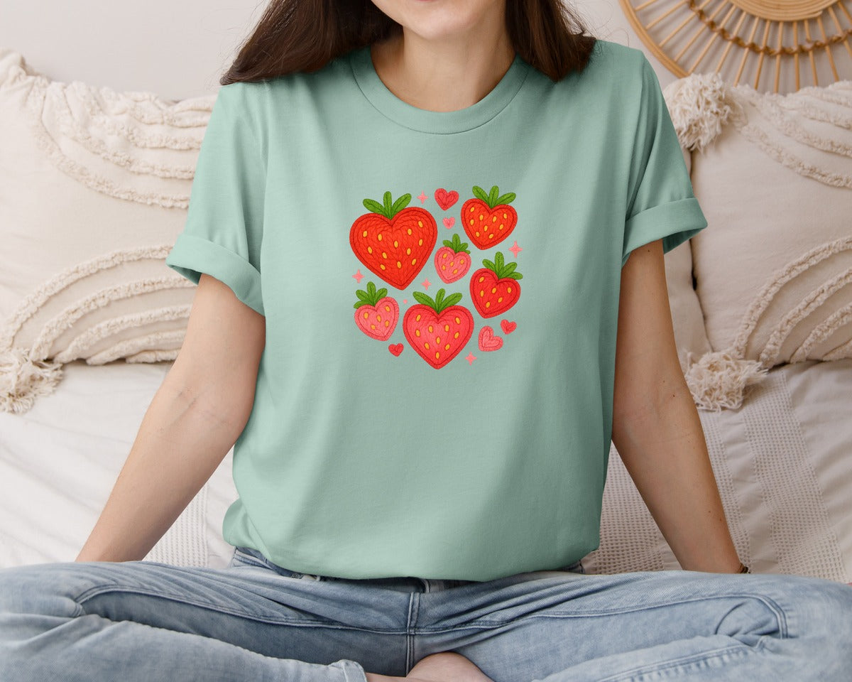brand:Bella Canvas|color:Dusty Blue|Faux Crochet Strawberry Hearts Graphic T-Shirt