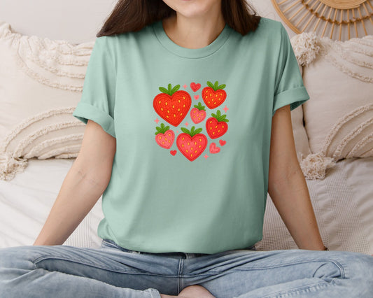 Faux Crochet Strawberry Hearts Graphic T-Shirt
