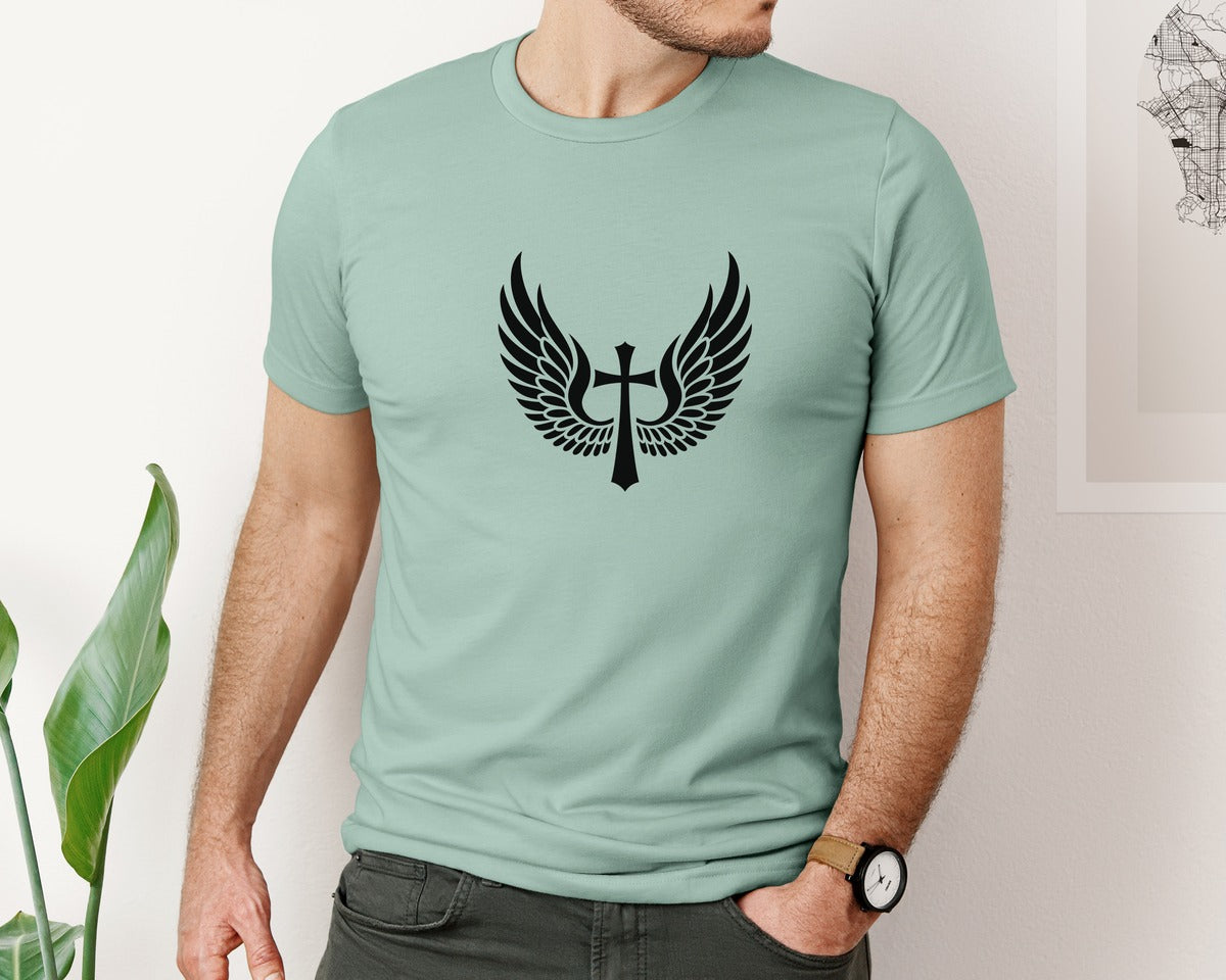 brand:Bella Canvas|color:Dusty Blue|Angel Wings Cross Symbol Graphic T-Shirt