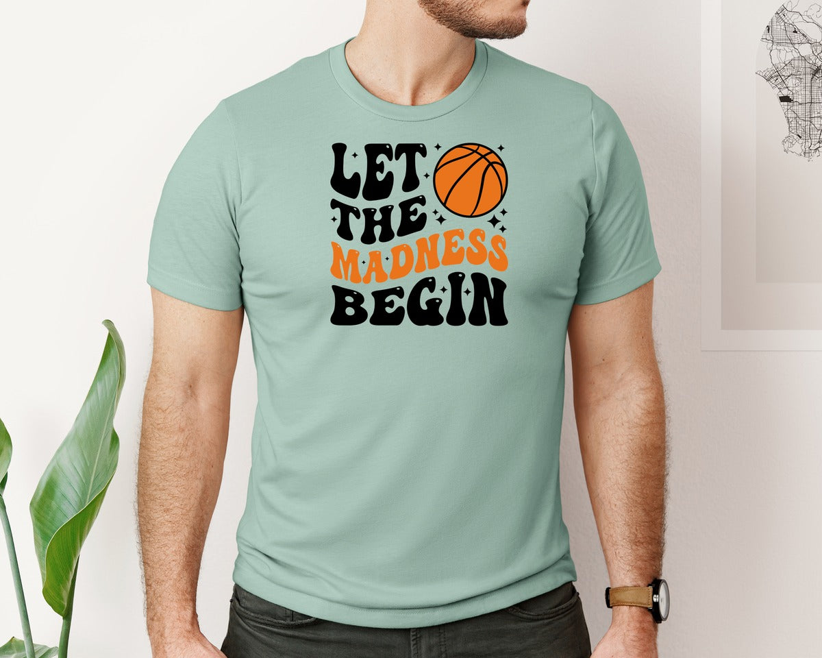 brand:Bella Canvas|color:Dusty Blue|Let The Madness Begin Basketball Season Graphic T-Shirt