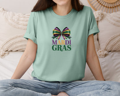 brand:Bella Canvas|color:Dusty Blue|Mardi Gras Bow Design Graphic T-Shirt