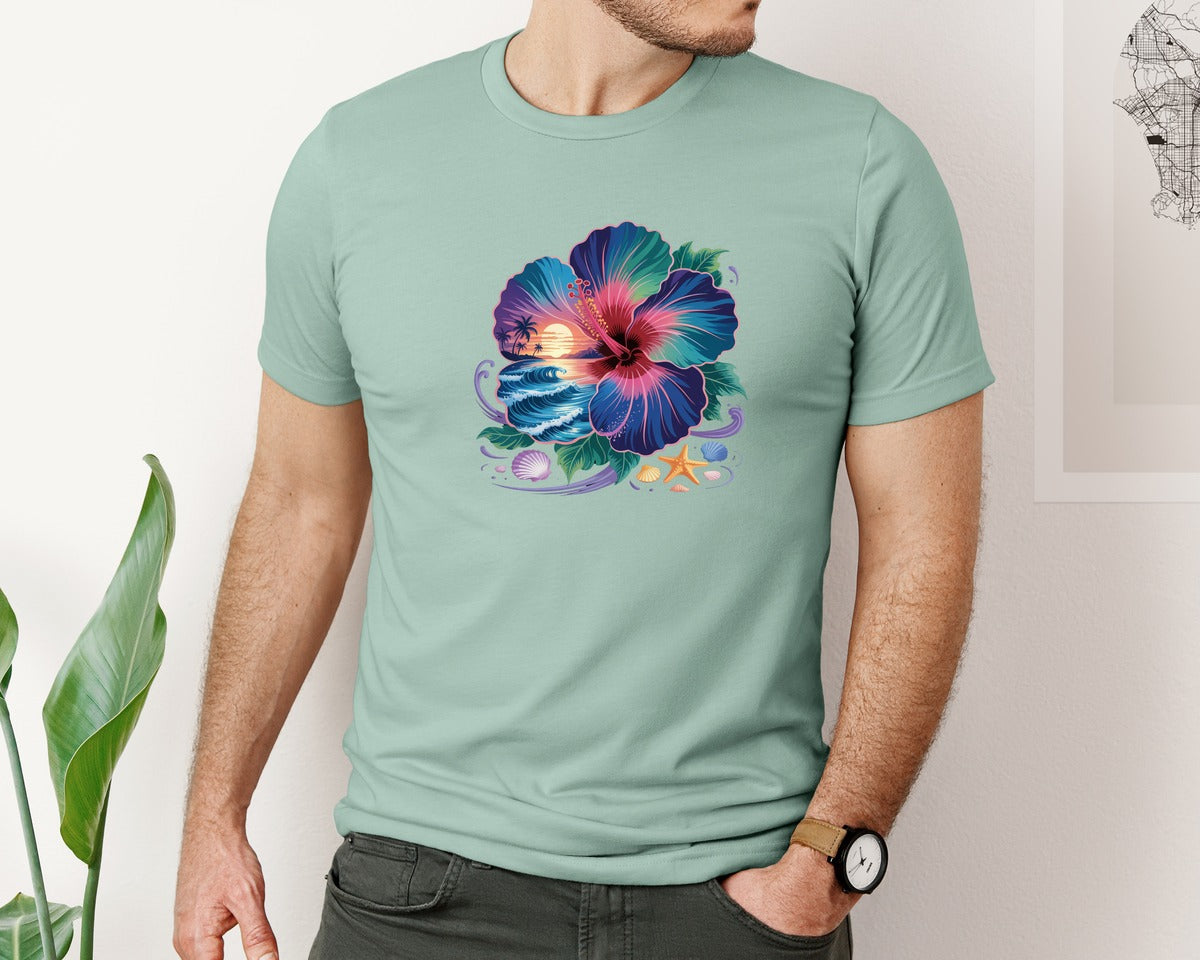 brand:Bella Canvas|color:Dusty Blue|Tropical Sunset Palm Tree Graphic T-Shirt