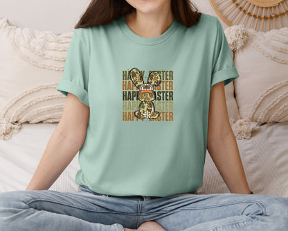 brand:Bella Canvas|color:Dusty Blue|Camo Happy Easter Bunny Graphic T-Shirt