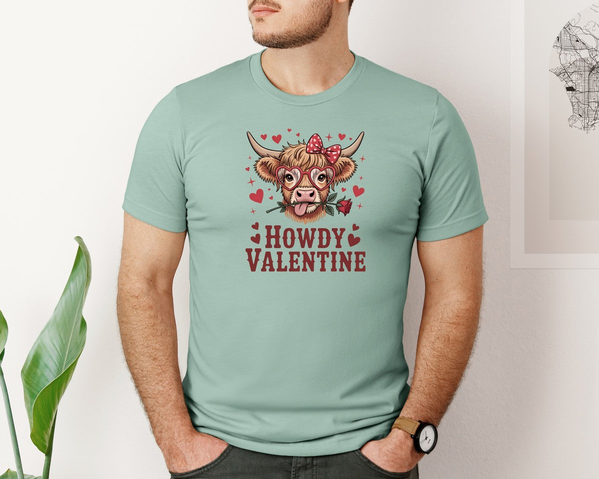 brand:Bella Canvas|color:Dusty Blue|Howdy Valentine Cute Cow Love Love Graphic T-Shirt