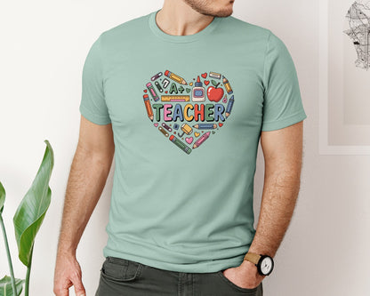 brand:Bella Canvas|color:Dusty Blue|Teacher Heart Back To School Graphic T-Shirt