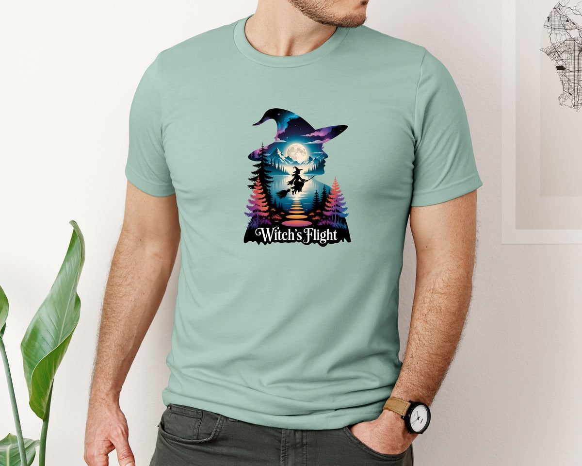 brand:Bella Canvas|color:Dusty Blue|Witchs Flight On A Broomstick Shirt Graphic T-Shirt