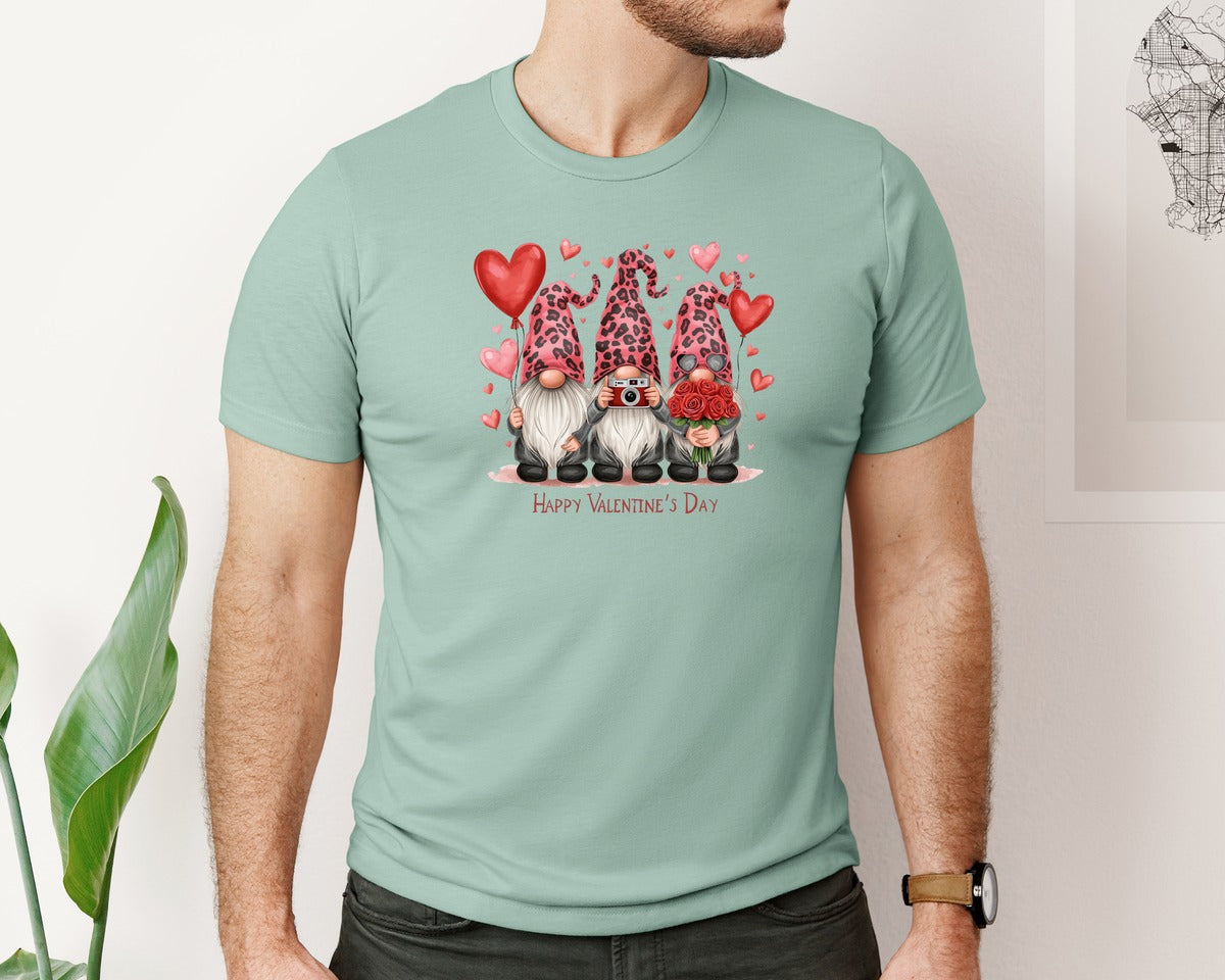 brand:Bella Canvas|color:Dusty Blue|Happy Valentines Day Three Gnomes Graphic T-Shirt