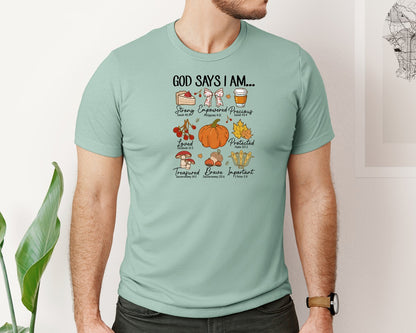 brand:Bella Canvas|color:Dusty Blue|God Says I Am Fall Christian Graphic T-Shirt