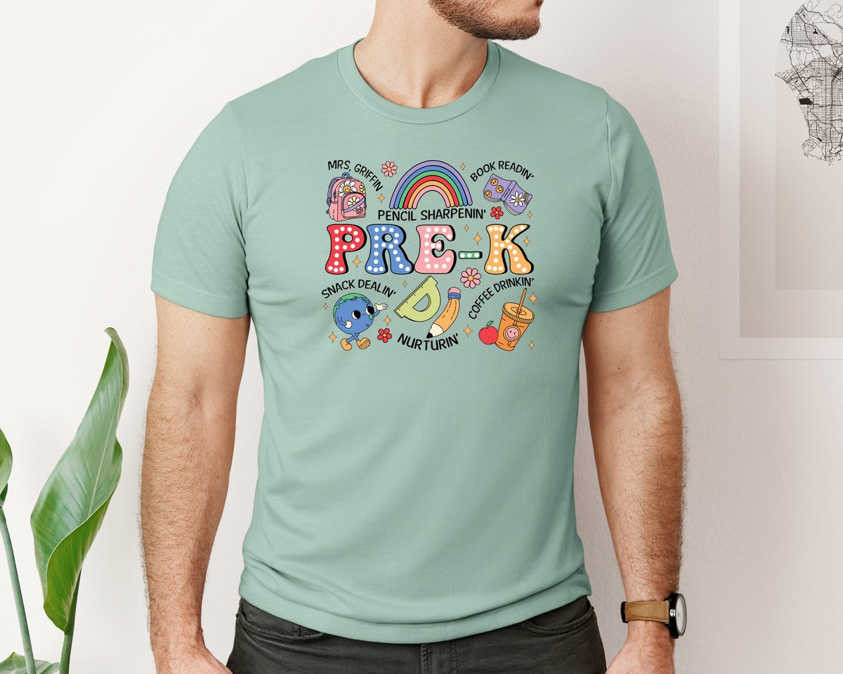 brand:Bella Canvas|color:Dusty Blue|Cute Pre K Teacher Preschool Graphic T-Shirt